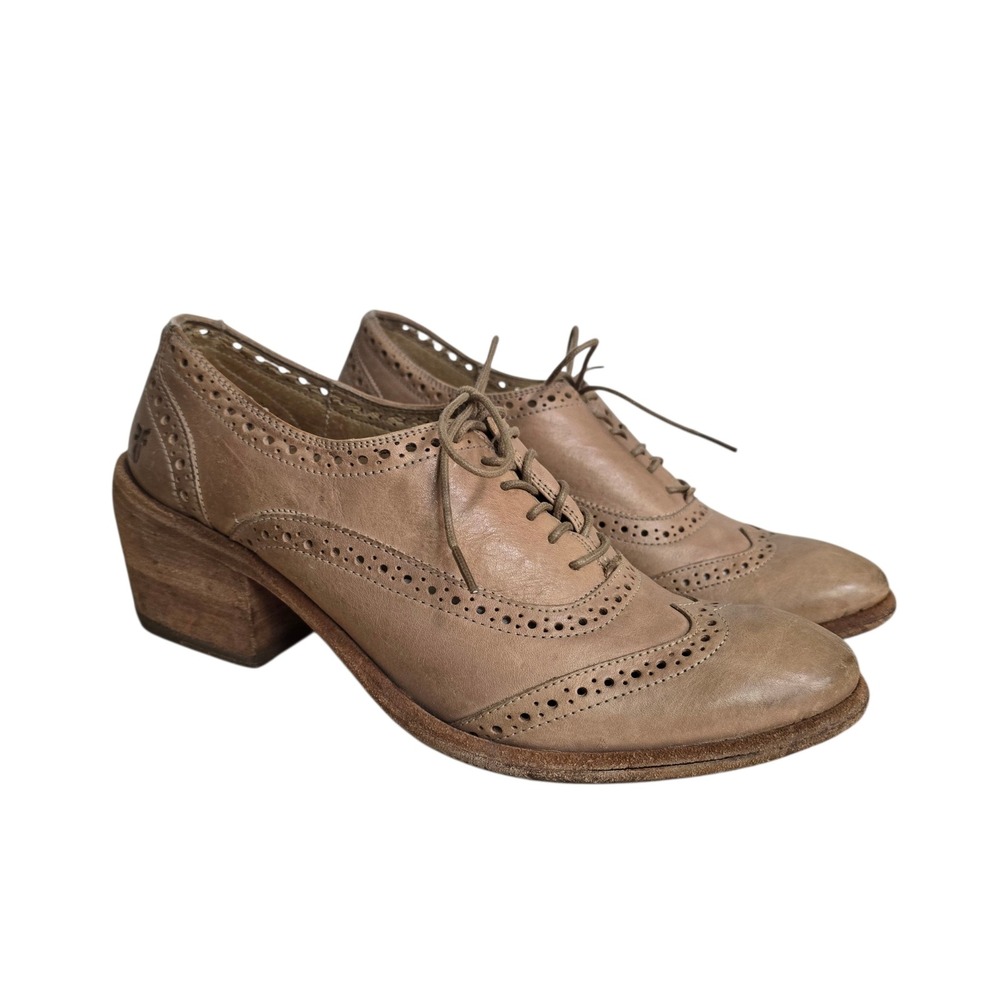 Frye Jillian Oxford Heels Womens Size 10B Tan Leather Wingtip Brogue Block Heel